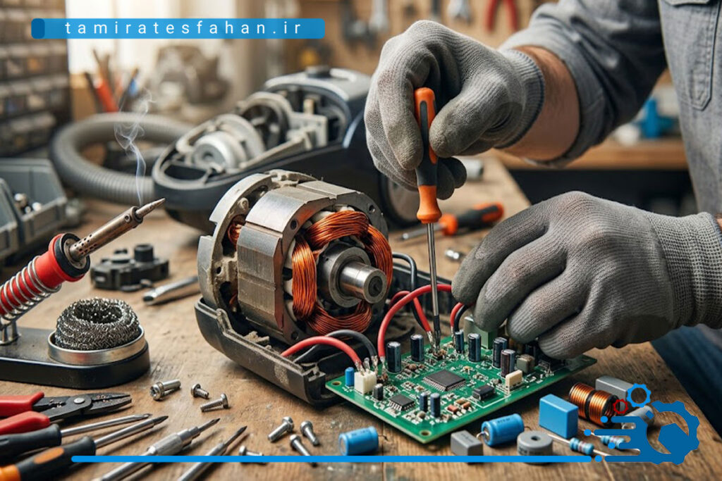 bosh-repair2 نمایی از دستان تعمیرکار جاروبرقی بوش در حال تعمیر موتور جاروبرقی در کارگاه